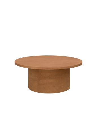Table basse ronde en microciment de teinte terracotta disponible en différentes dimensions