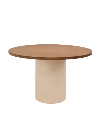 Table de salle à manger ronde en bois massif teinte chêne foncé pieds en microciment teinte terre en différentes dimensions