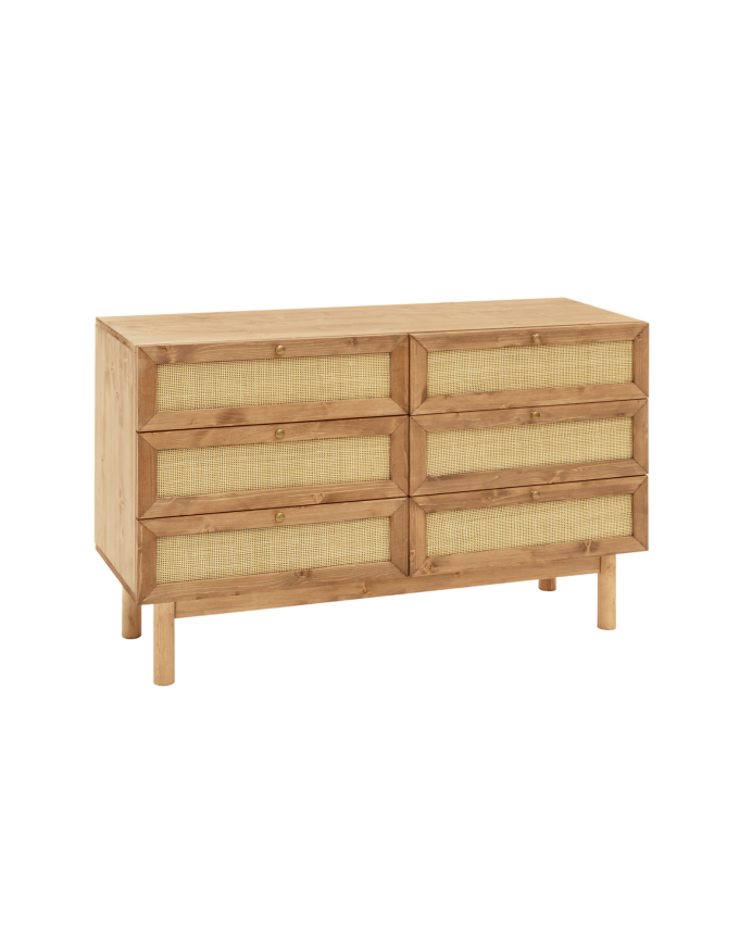 Commode en bois massif et raphia avec six tiroirs ton chêne foncé 76x120cm