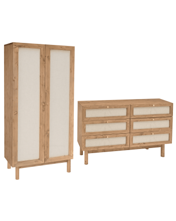 Ensemble armoire et commode avec 6 tiroirs en bois massif et lin ton chêne foncé