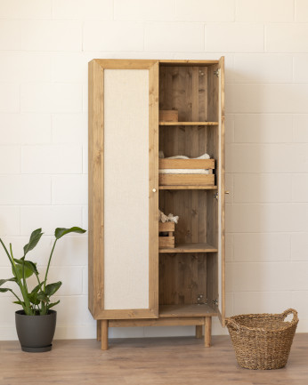 Ensemble armoire et commode avec 6 tiroirs en bois massif et lin ton chêne foncé