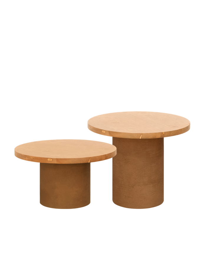 Table basse ronde en bois massif teinte chêne moyen avec pieds en microciment teinte terracotta en différentes dimensions