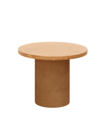 Table basse ronde en bois massif teinte chêne moyen avec pieds en microciment teinte terracotta en différentes dimensions