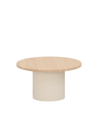 Table basse ronde en marbre travertin avec pieds en microciment teinte beige disponible en différentes dimensions