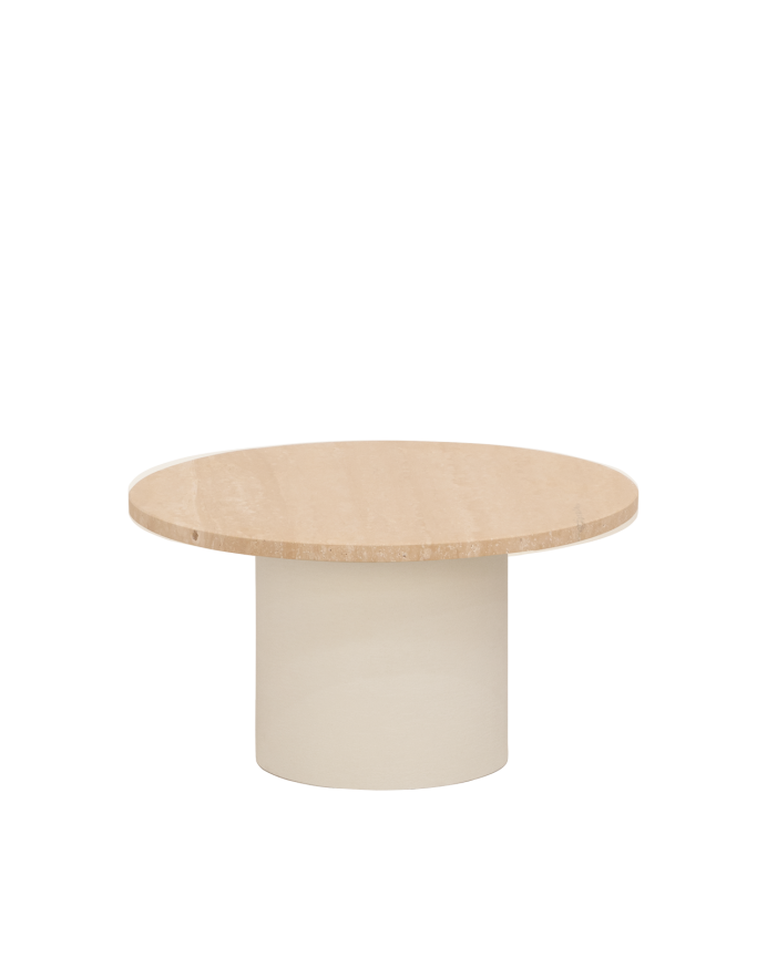 Table basse ronde en marbre travertin avec pieds en microciment teinte beige disponible en différentes dimensions