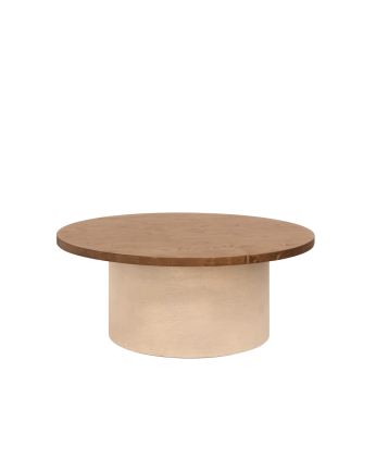 Table basse ronde en bois massif teinte chêne foncé avec pieds en microciment teinte terre disponible en différentes dimensions