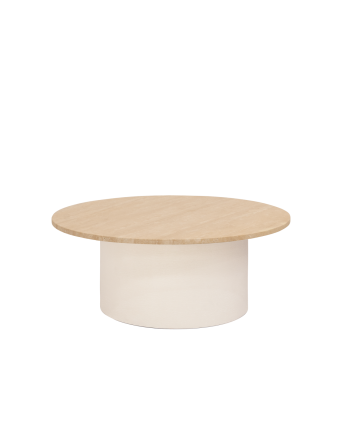 Table basse ronde en marbre travertin avec pieds en microciment teinte beige disponible en différentes dimensions