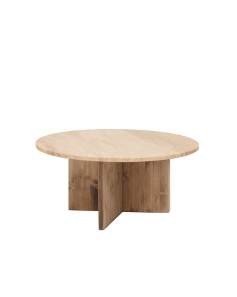 Table basse ronde en marbre daino reale avec pieds en bois massif disponibles en différentes dimensions.