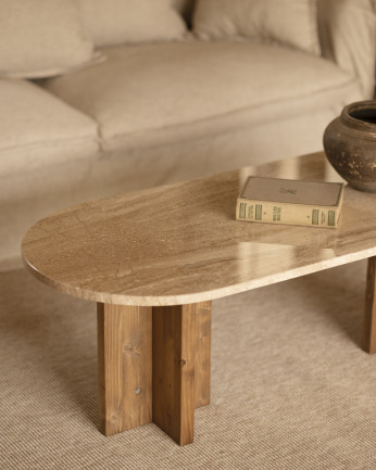 Table basse en marbre daino reale avec pieds en bois massif de 120x50cm