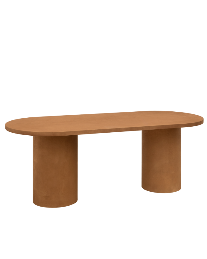 Table de salle à manger ovale en microciment de teinte terracotta disponible en différentes dimensions