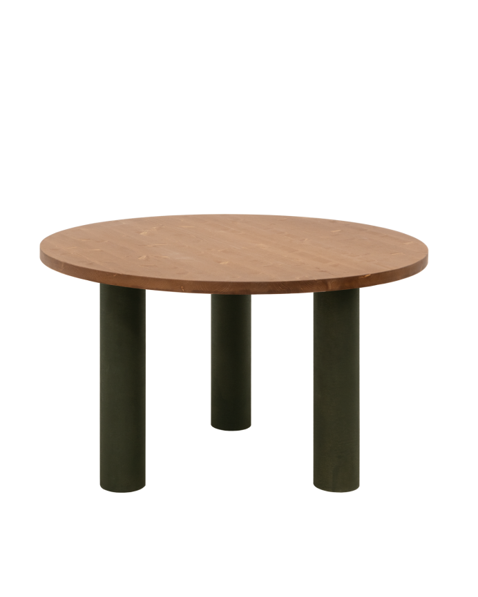 Table de salle à manger ronde en bois massif teinte chêne foncé pieds en microciment teinte verte en différentes dimensions