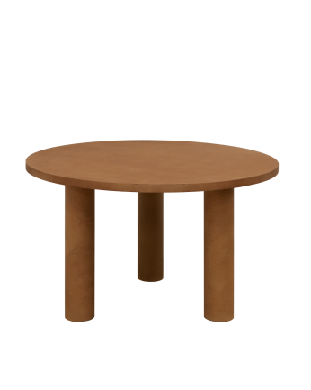 Table de salle à manger ronde en microciment de teinte terracotta disponible en différentes dimensions