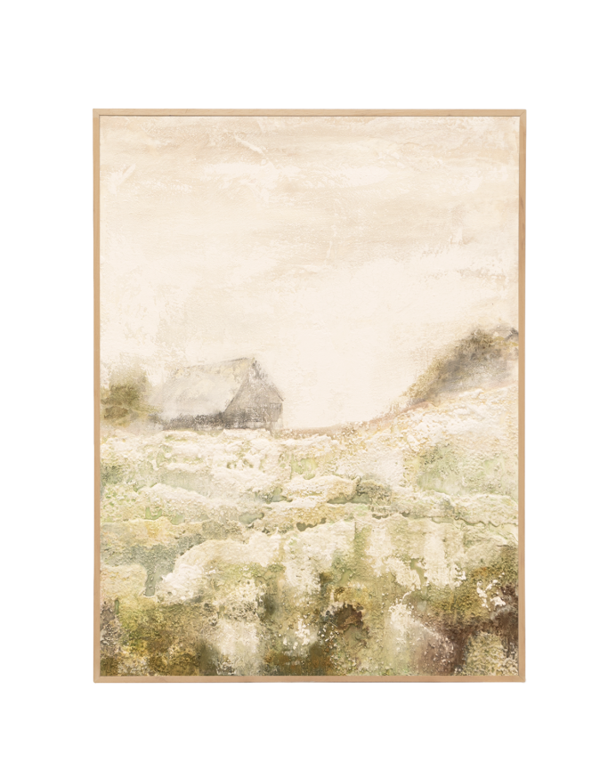 Tableau beige et vert décoratif sur coton avec cadre en bois peint à la main à la peinture à l'huile dans différentes tailles