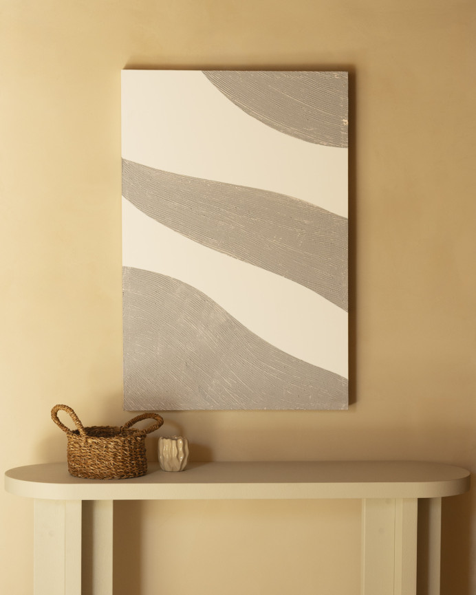 Tableau beige et blanc décoratif sur coton avec cadre en bois peint à la main à la peinture à l'huile dans différentes tailles