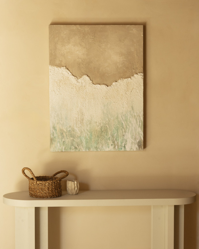 Tableau beige et blanc décoratif sur coton avec cadre en bois peint à la main à la peinture à l'huile dans différentes tailles