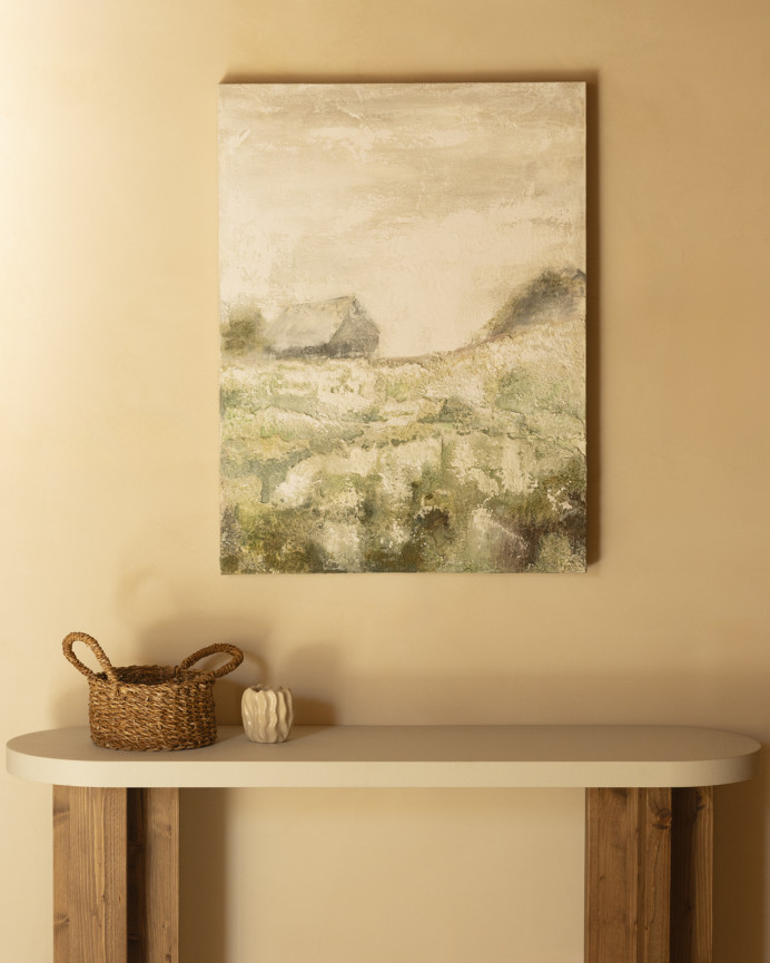 Tableau beige et vert décoratif sur coton avec cadre en bois peint à la main à la peinture à l'huile dans différentes tailles