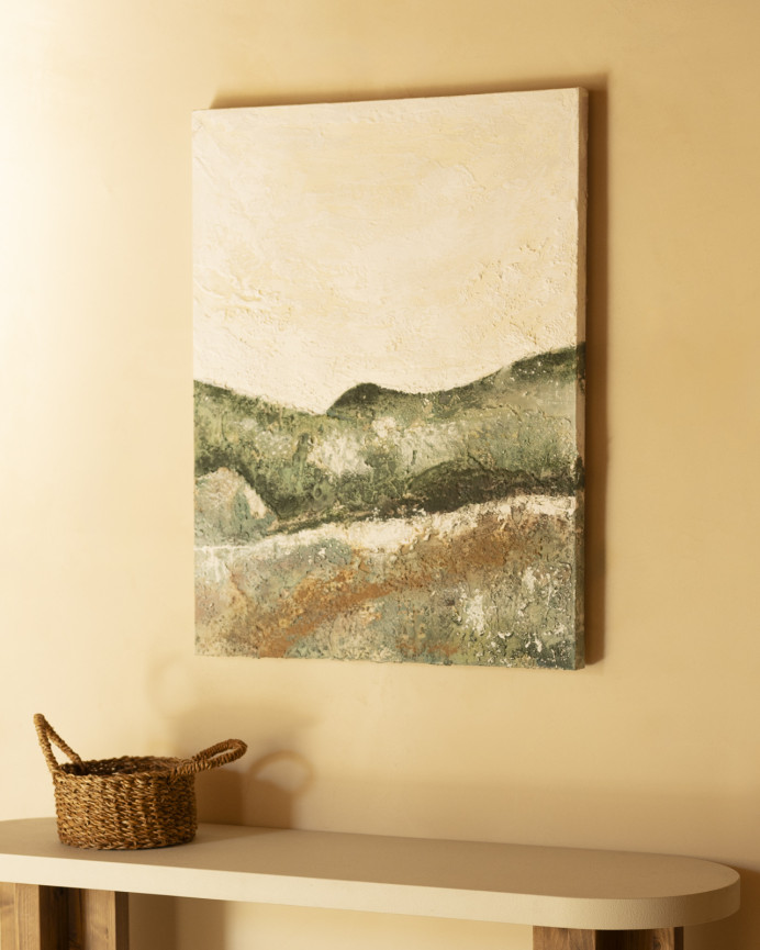 Tableau beige et vert décoratif sur coton avec cadre en bois peint à la main à la peinture à l'huile dans différentes tailles