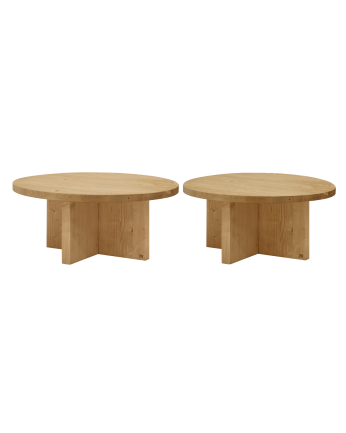 Pack 2 tables basses rondes en bois massif ton chêne moyen 80x80cm