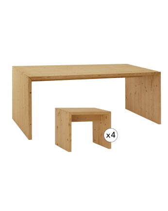 Pack table à manger et 4 tabourets en bois massif ton chêne moyen de 120cm