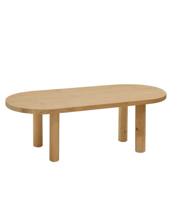 Table basse ovale en bois massif en teinte chêne moyen de 40x120cm.