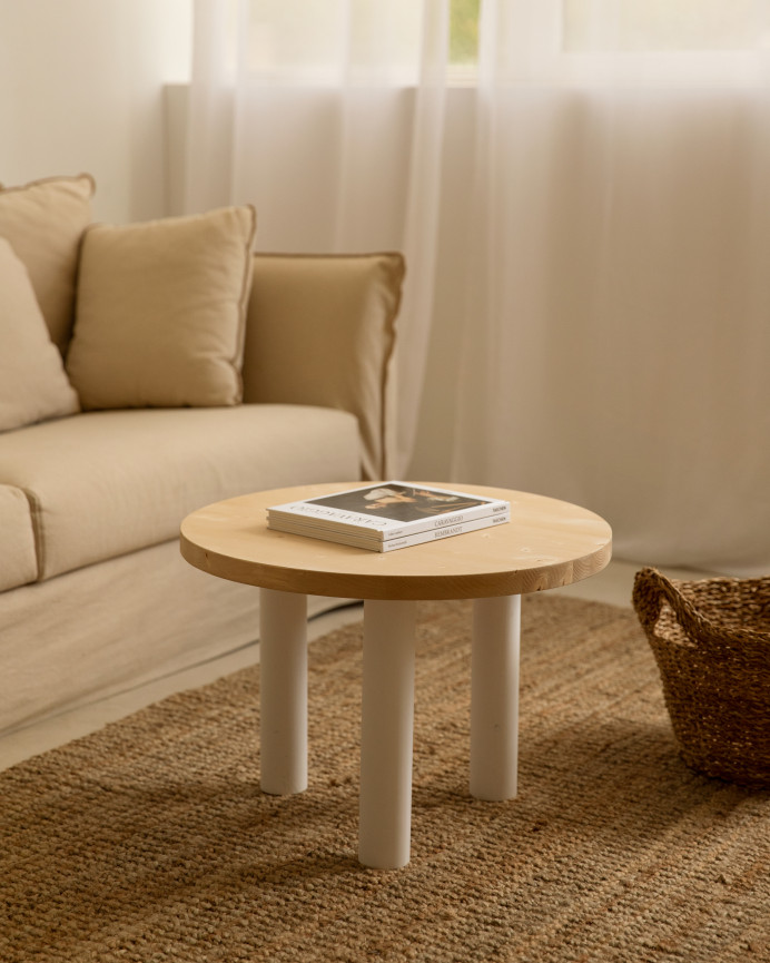 Table basse ronde en bois massif avec plateau en teinte chêne moyen et pieds en teinte blanche de 40x60cm.