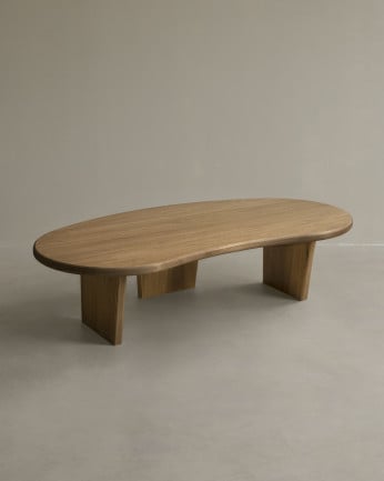 Table basse en bois massif de peuplier avec des formes organiques et trois pieds de 120cm