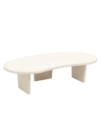 Table basse en microciment aux formes organiques avec trois pieds de teinte blanc cassé de 120cm