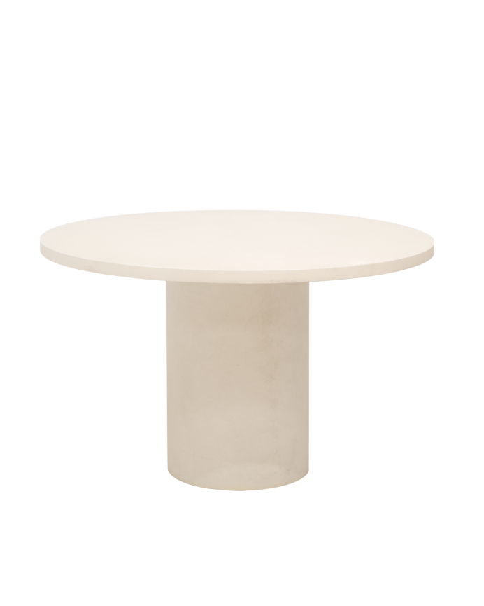 Table de salle à manger ronde en microciment de teinte blanc cassé disponible en différentes tailles