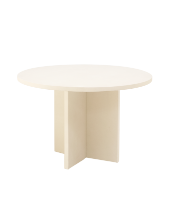 Table de salle à manger ronde en microciment de teinte blanc cassé disponible en plusieurs dimensions.