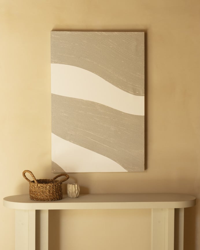 Tableau beige et blanc décoratif sur coton avec cadre en bois peint à la main à la peinture à l'huile dans différentes tailles