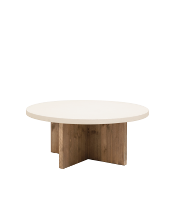 Table basse ronde en microciment de couleur blanc cassé avec des pieds en bois de chêne foncé en différentes tailles