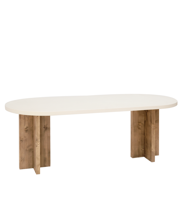 Table de salle à manger ovale en microciment blanc cassé avec pieds en chêne foncé en différentes tailles