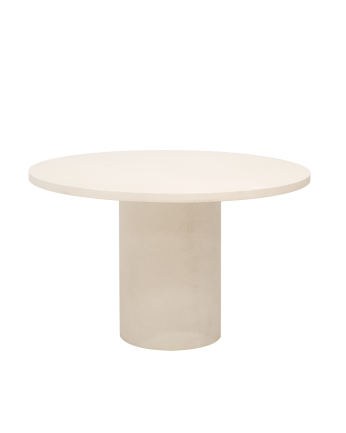 Table de salle à manger ronde en microciment de teinte blanc cassé disponible en différentes tailles