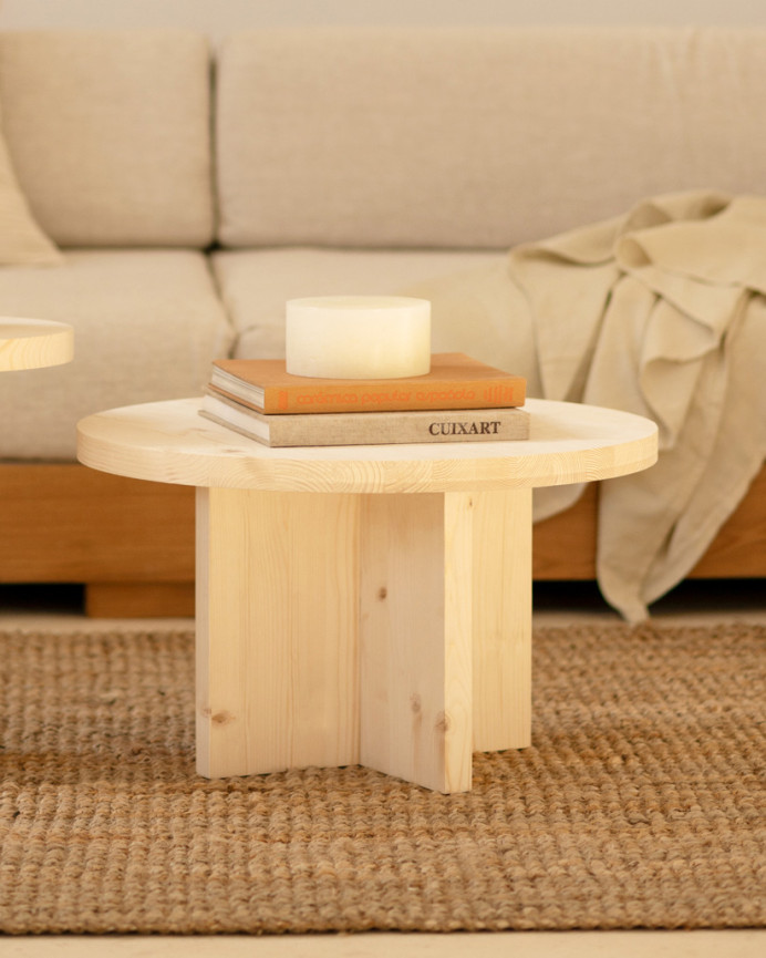 Pack 2 tables basses rondes en bois massif ton naturel 80x80cm