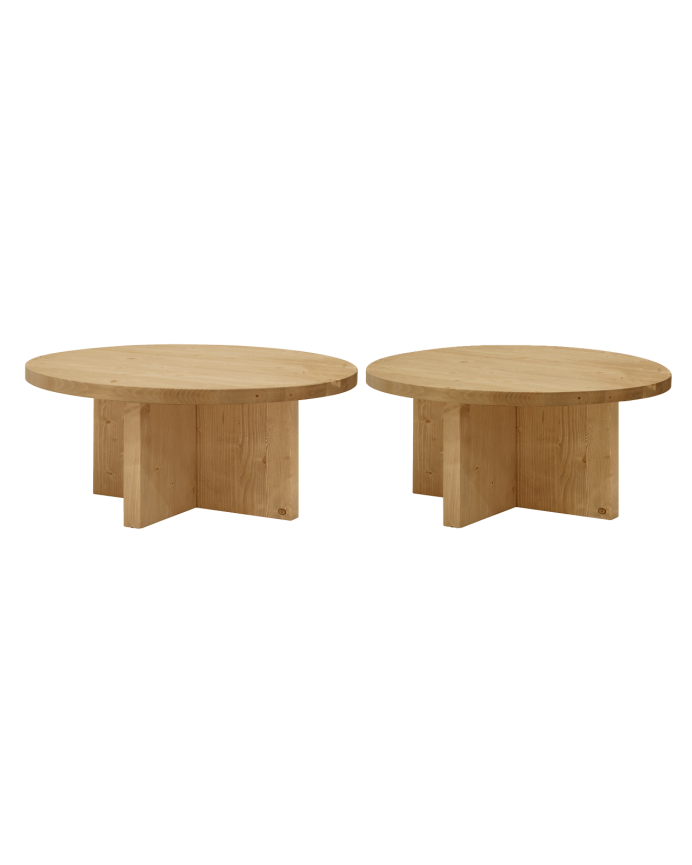 Pack 2 tables basses rondes en bois massif ton chêne moyen 80x80cm