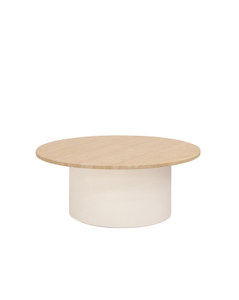 Table basse ronde en marbre travertin avec pieds en microciment teinte beige disponible en différentes dimensions