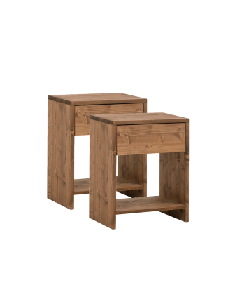 Pack de 2 tables de chevet en bois massif avec un tiroir en couleur chêne foncé en différentes tailles