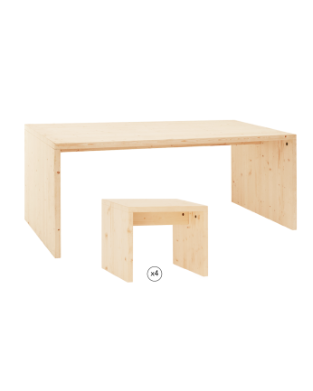 Pack table à manger et 4 tabourets en bois massif ton naturel 120cm