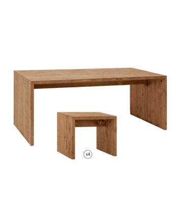 Pack table à manger et 4 tabourets bois massif en chêne foncé 120cm