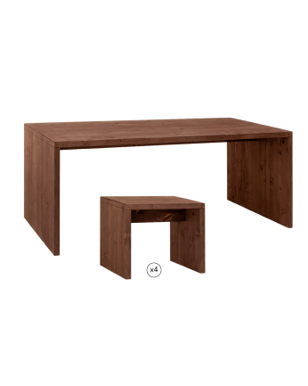 Pack table à manger et 4 tabourets en bois massif ton noyer 120cm
