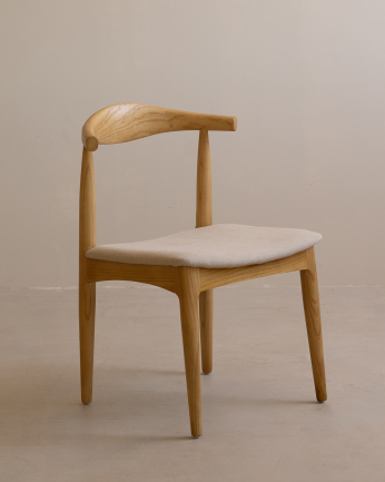 Chaise en bois d'orme de ton naturel y assise rembourrée couleur beige de 79x49cm