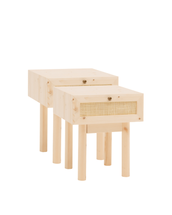 Pack de 2 tables de chevet en bois massif et rotin avec un tiroir ton naturel de 40x45cm