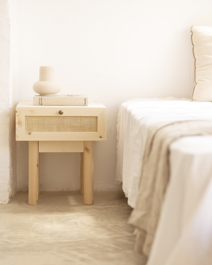 Pack de 2 tables de chevet en bois massif et rotin avec un tiroir ton naturel de 40x45cm