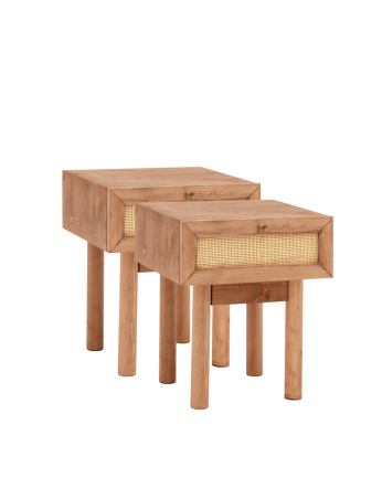 Pack de 2 tables de chevet en bois massif et rotin avec un tiroir ton chêne foncé de 40x45cm