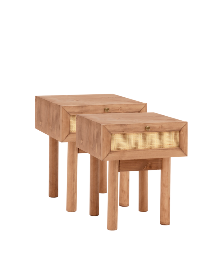 Pack de 2 tables de chevet en bois massif et rotin avec un tiroir ton chêne foncé de 40x45cm