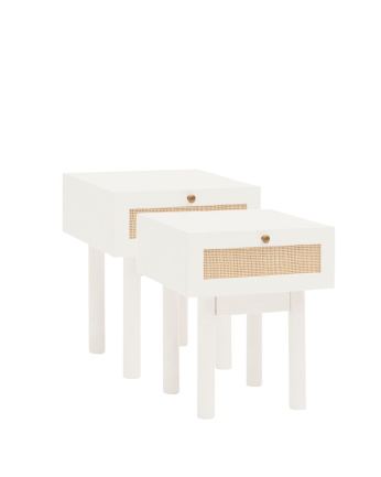 Pack de 2 tables de chevet en bois massif et rotin avec un tiroir ton blanc de 40x45cm