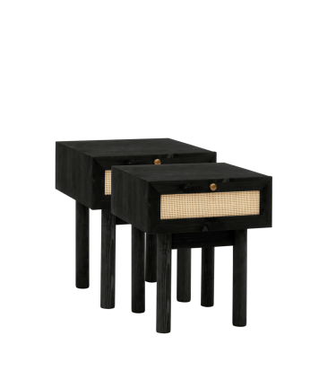 Pack de 2 tables de chevet en bois massif et rotin avec un tiroir ton noir de 40x45cm