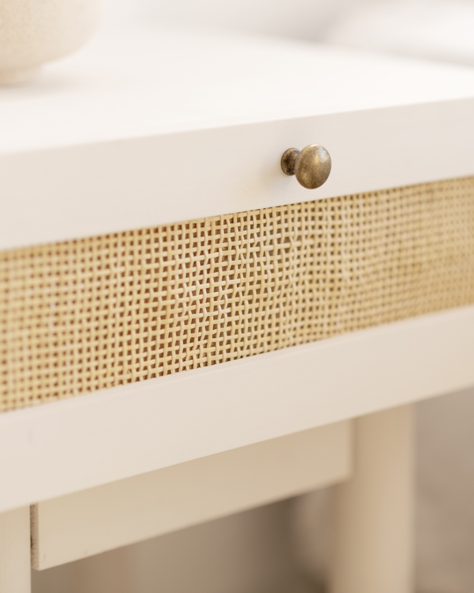 Pack de 2 tables de chevet en bois massif et rotin avec un tiroir ton blanc de 40x45cm