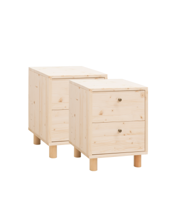 Pack de 2 tables de chevet en bois massif avec deux tiroirs ton naturel de 51x38cm
