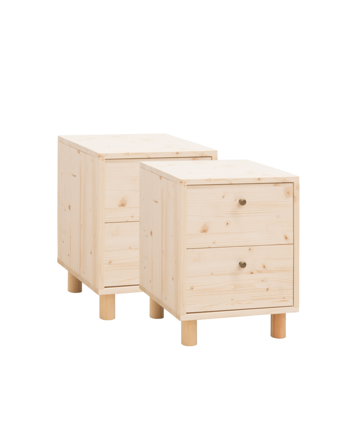 Pack de 2 tables de chevet en bois massif avec deux tiroirs ton naturel de 51x38cm